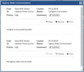 In the Agency Wide Communication window, a message thread displays with recipient and sender information, as well as attachments.